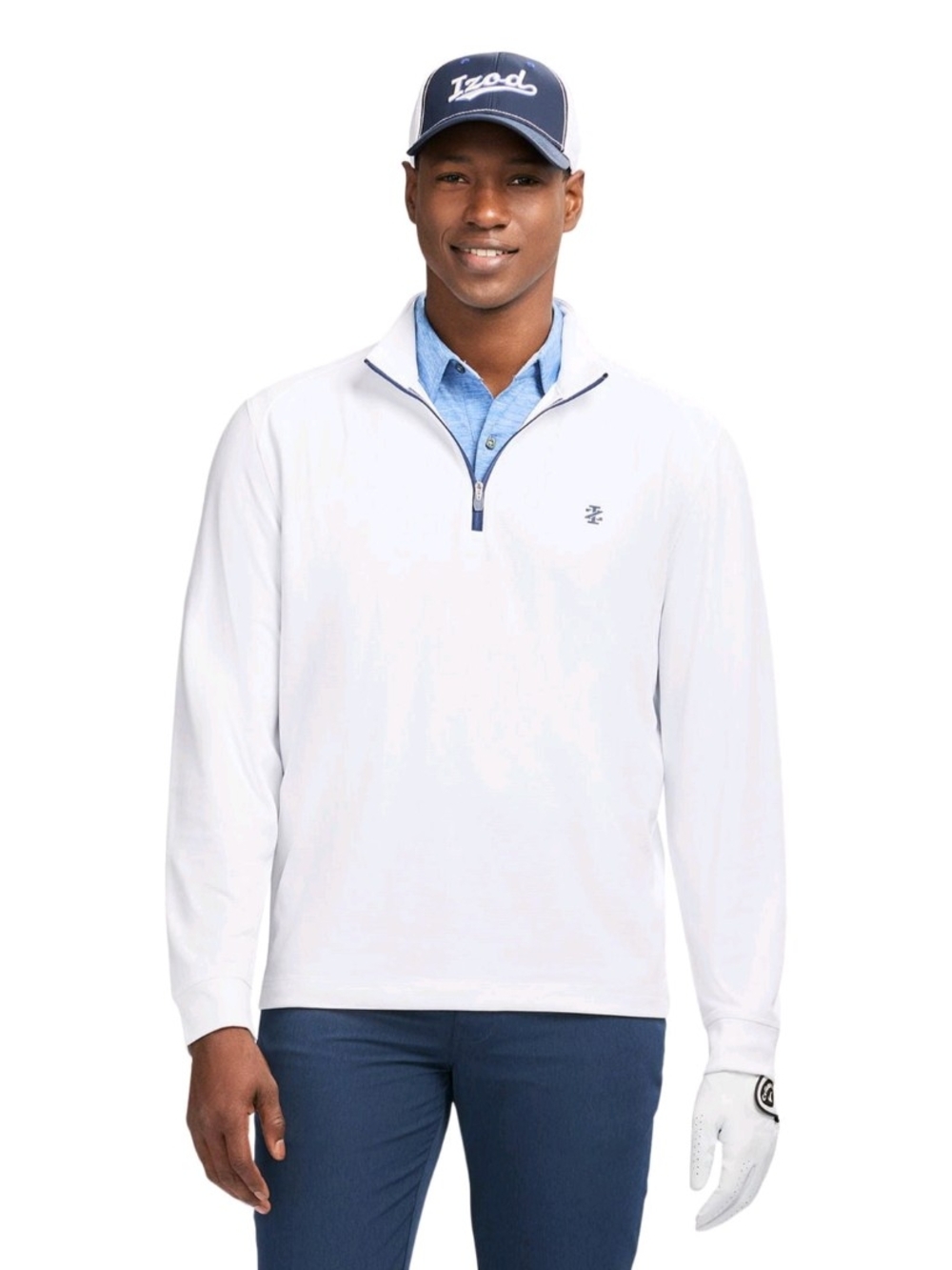 Izod Men's White Quarter-Zip Pullover with Navy Trim
